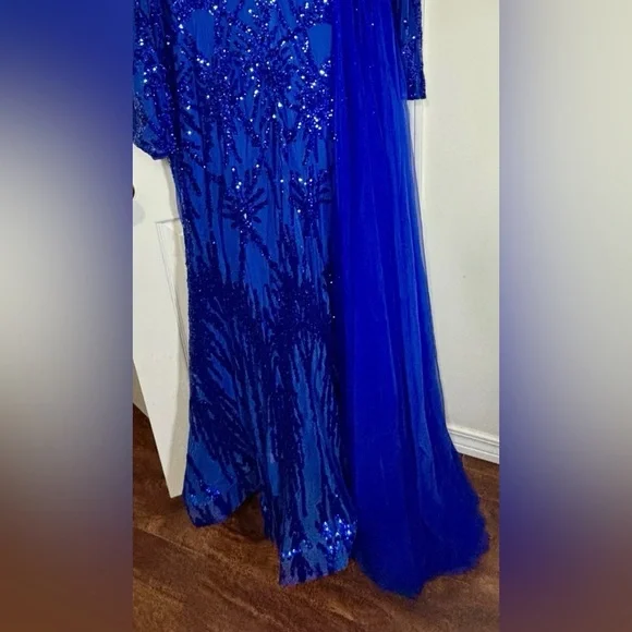 NWOT FAERIESTY SZ 3XL (18) ROYAL BLUE Elegant Sequined Gown With Sheer Overlay - Picture 6 of 10